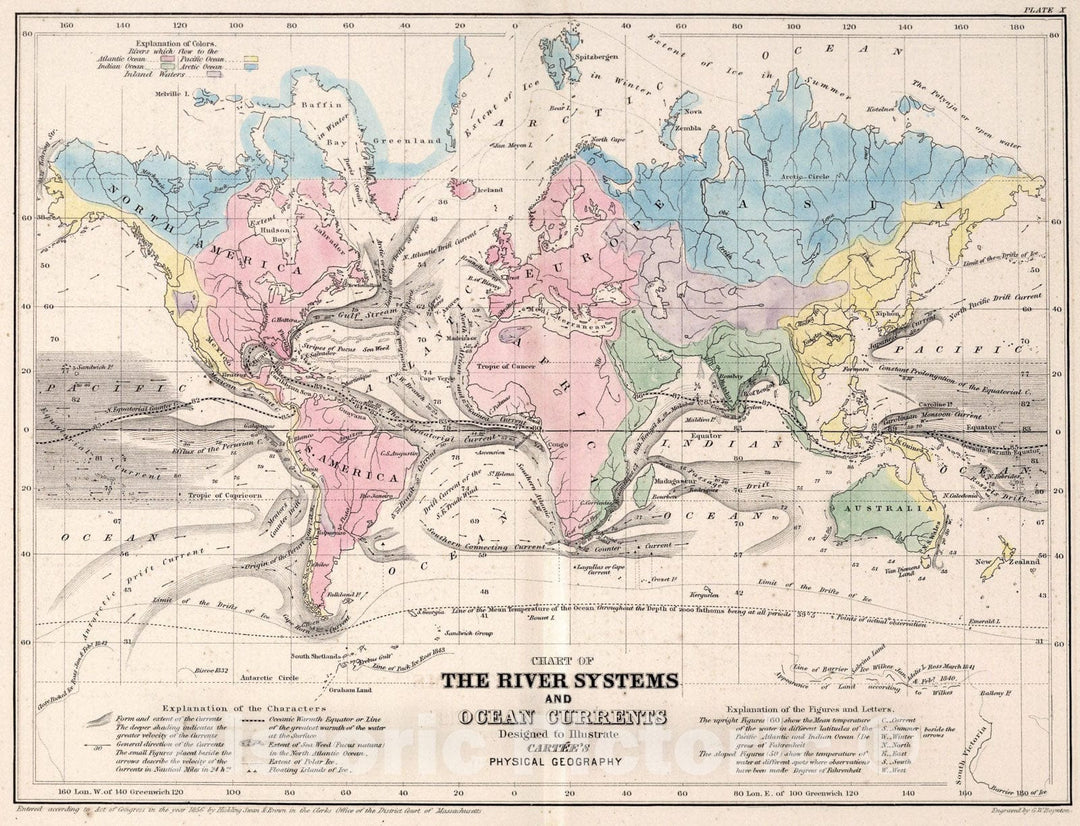 Historic Map : The river systems and ocean currents, 1856, Vintage Wall Art