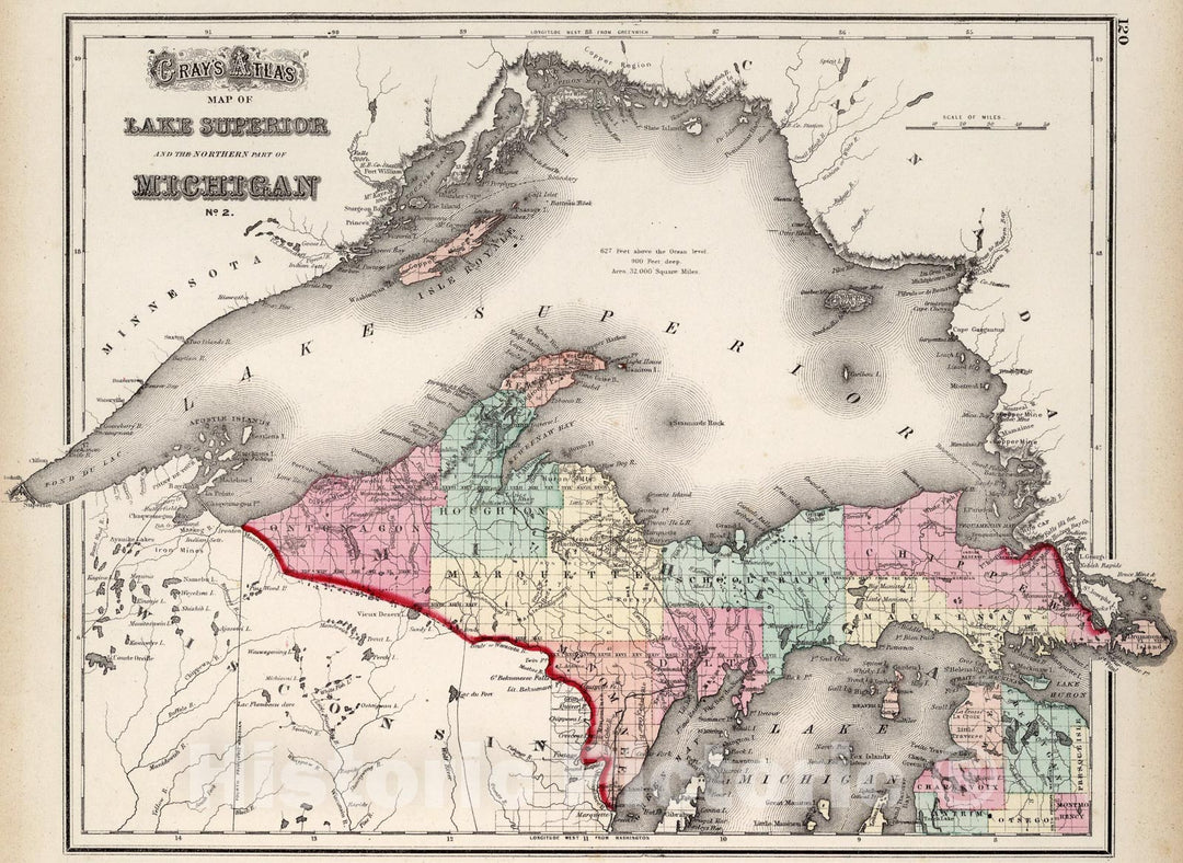 Historic Map : Lake Superior and the Northern Part of Michigan., 1873, Vintage Wall Art