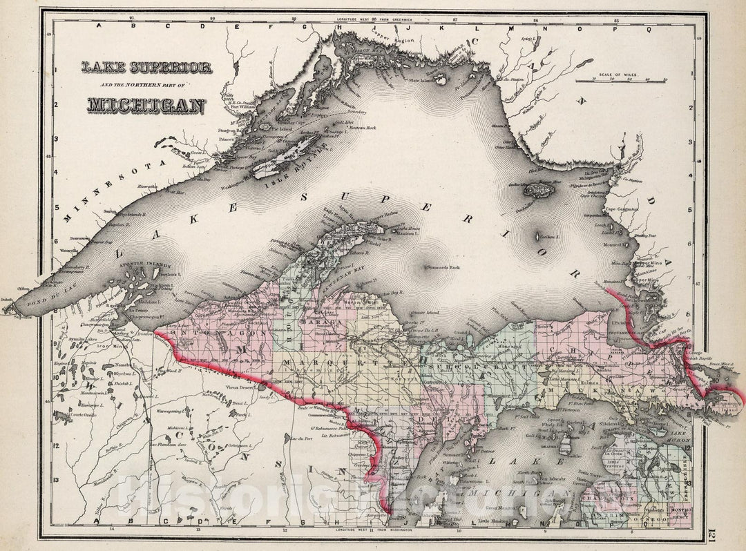 Historic Map : Lake Superior and the Northern Part of Michigan., 1884, Vintage Wall Art