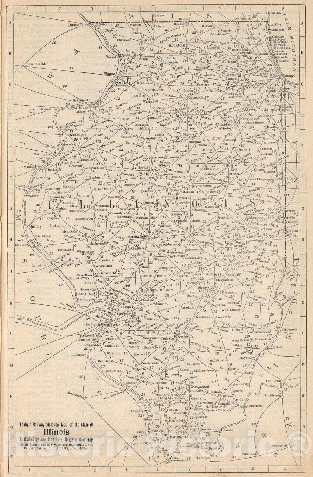 Historic Map : Railway Distance Map of the State of Illinois, 1934, Vintage Wall Art