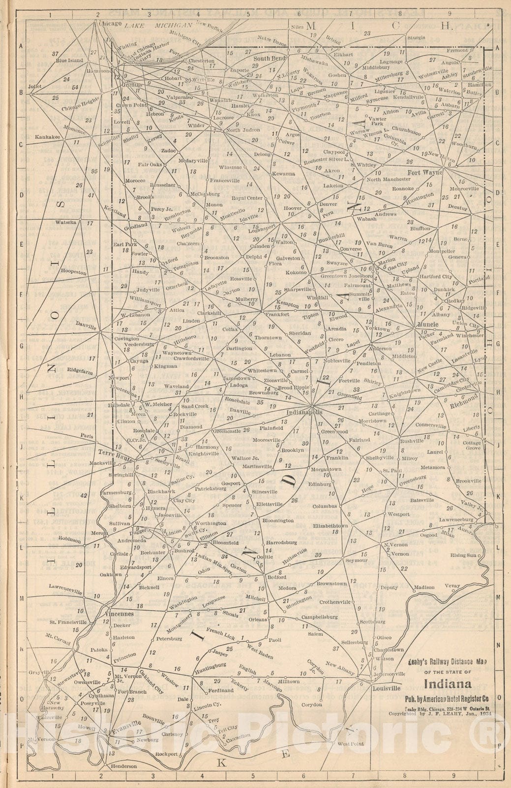 Historic Map : Railway Distance Map of the State of Indiana, 1934, Vintage Wall Art