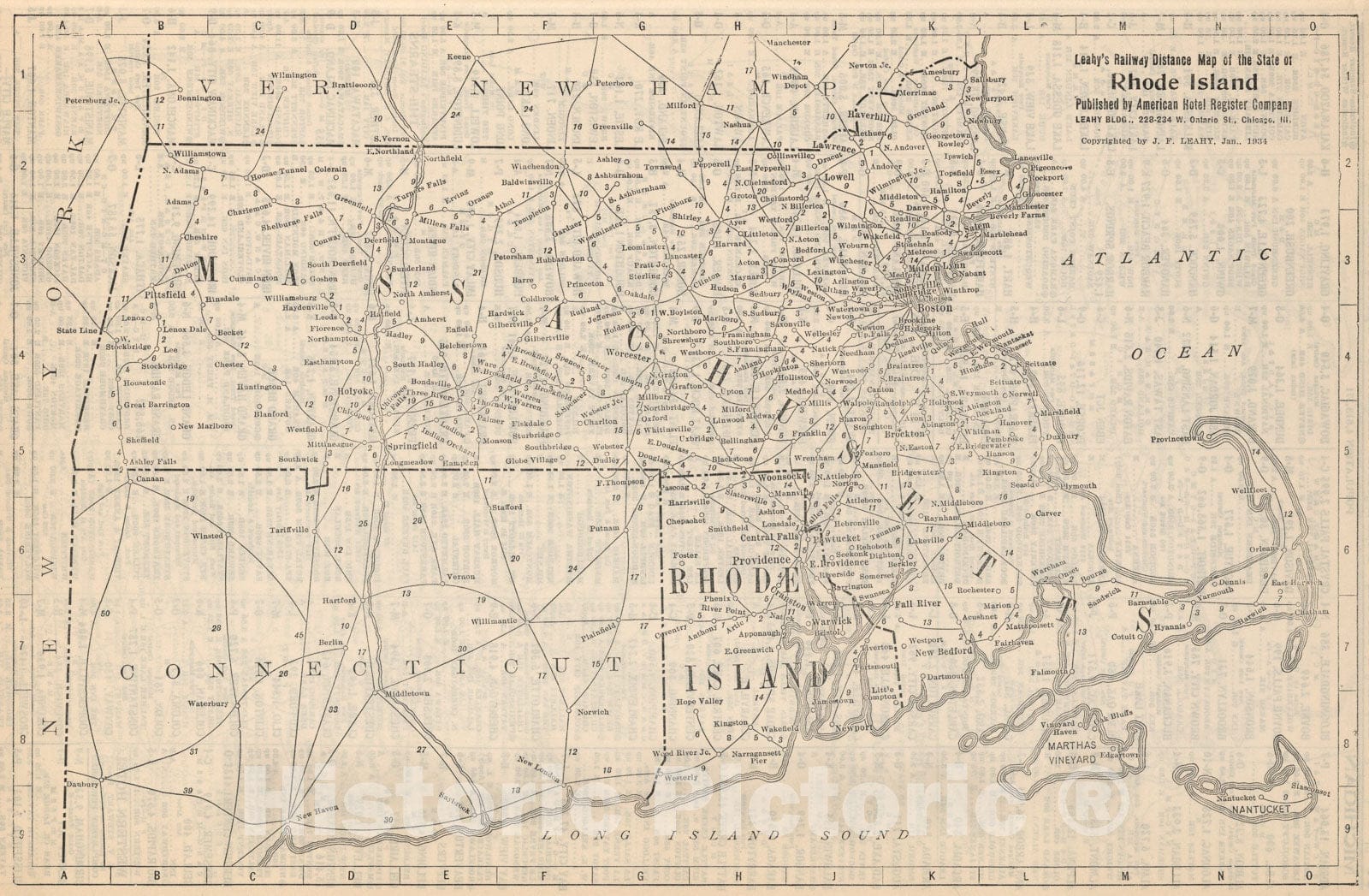 Historic Map : Railway Distance Map of the State of Rhode Island, 1934, Vintage Wall Art