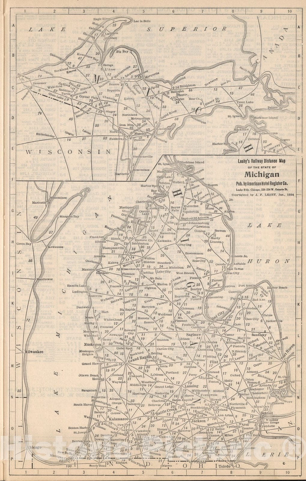 Historic Map : Railway Distance Map of the State of Michigan, 1934, Vintage Wall Art