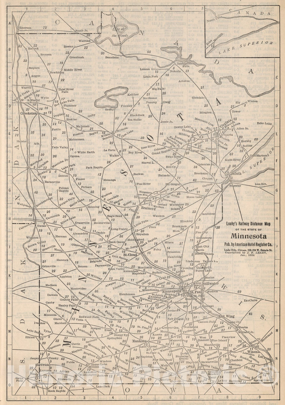 Historic Map : (Continues) Railway Distance Map of the State of Minnesota, 1934, Vintage Wall Art