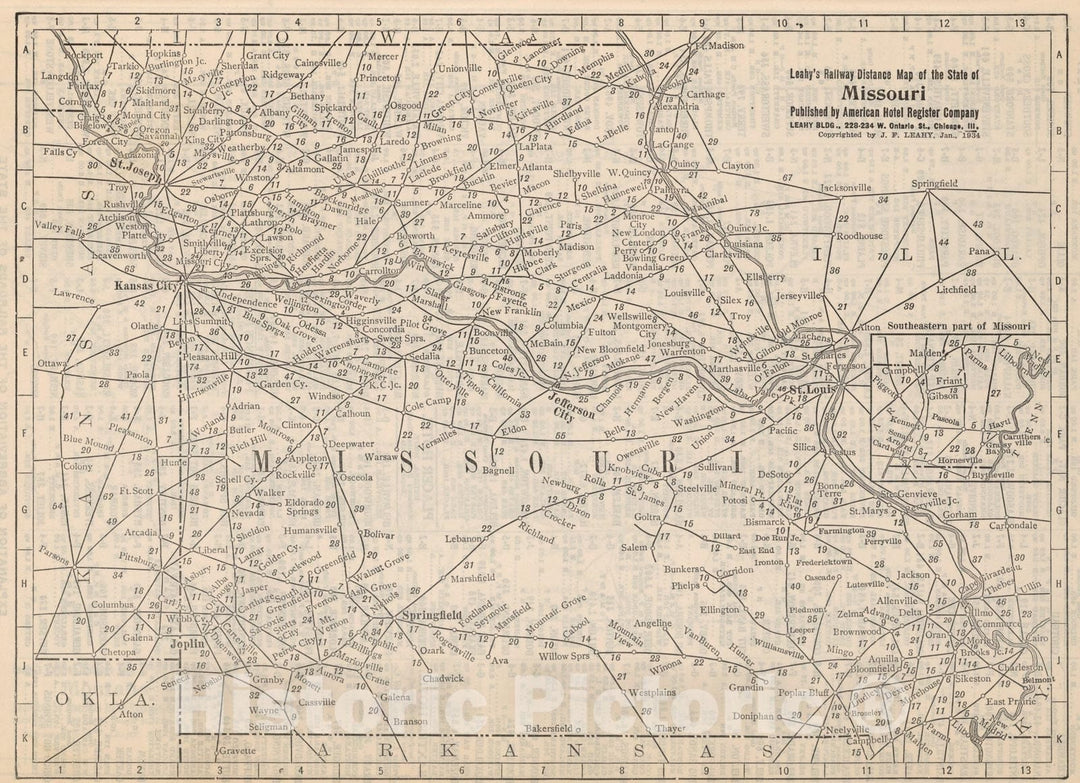 Historic Map : (Continues) Railway Distance Map of the State of Missouri, 1934, Vintage Wall Art