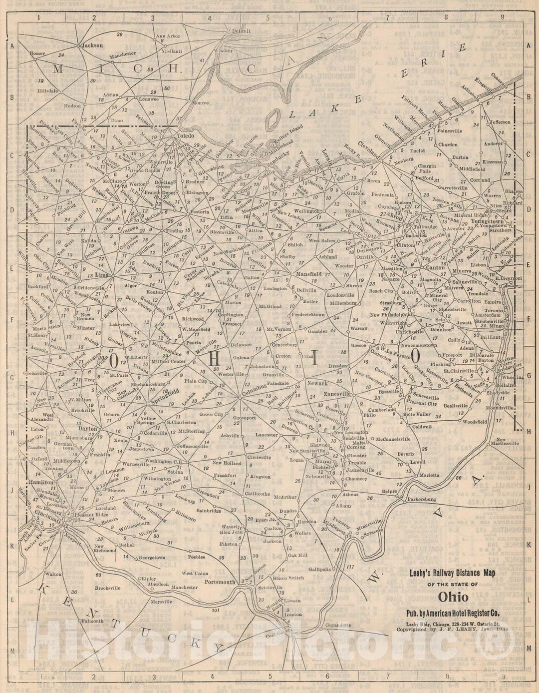 Historic Map : (Continues) Railway Distance Map of the State of Ohio, 1934, Vintage Wall Art