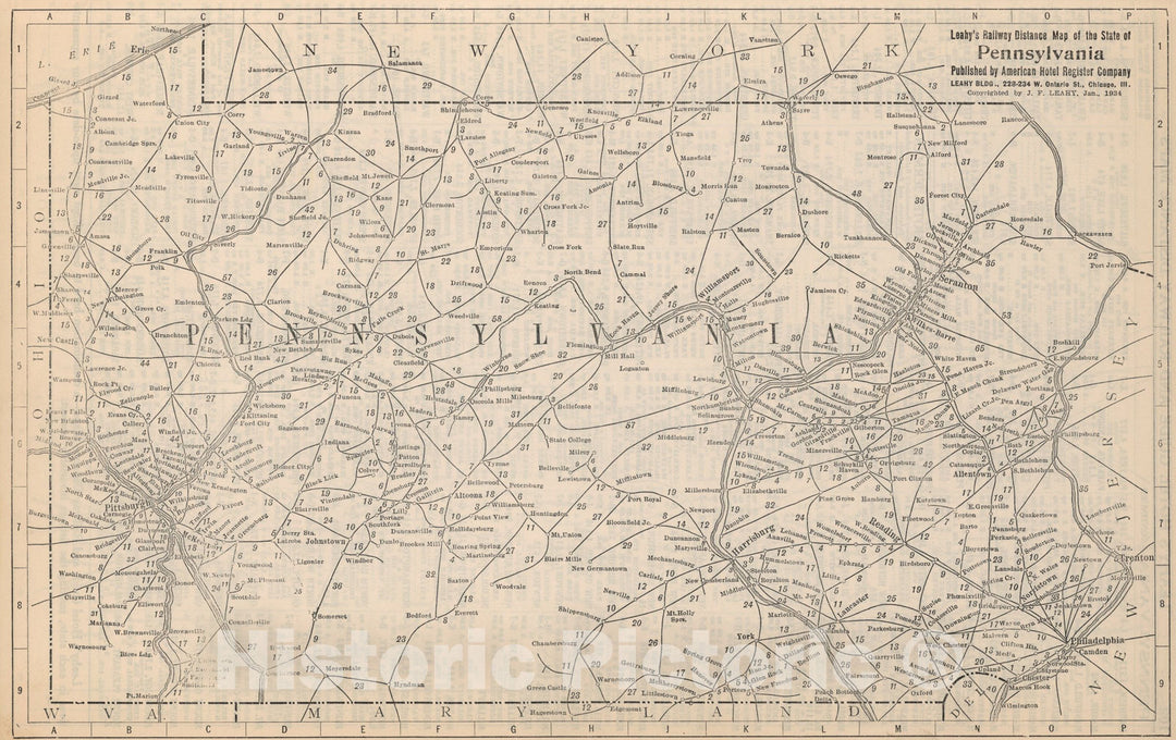 Historic Map : Railway Distance Map of the State of Pennsylvania, 1934, Vintage Wall Art