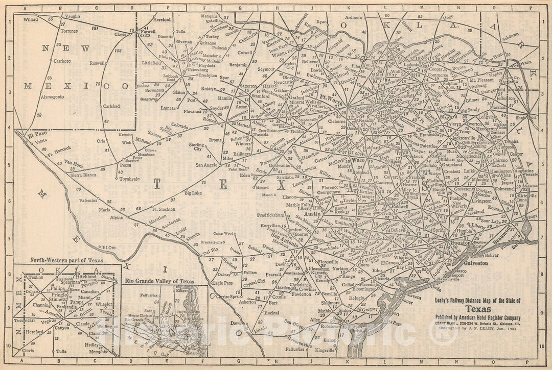 Historic Map : Railway Distance Map of the State of Texas, 1934, Vintage Wall Art