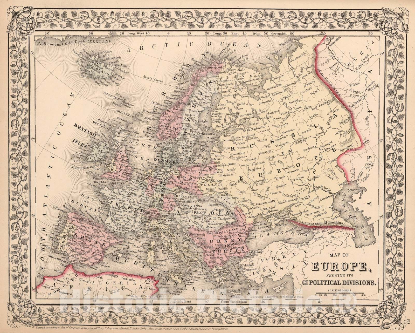 Historic Map : Map of Europe, Showing its Gt. Political Divisions, 1868, Vintage Wall Art