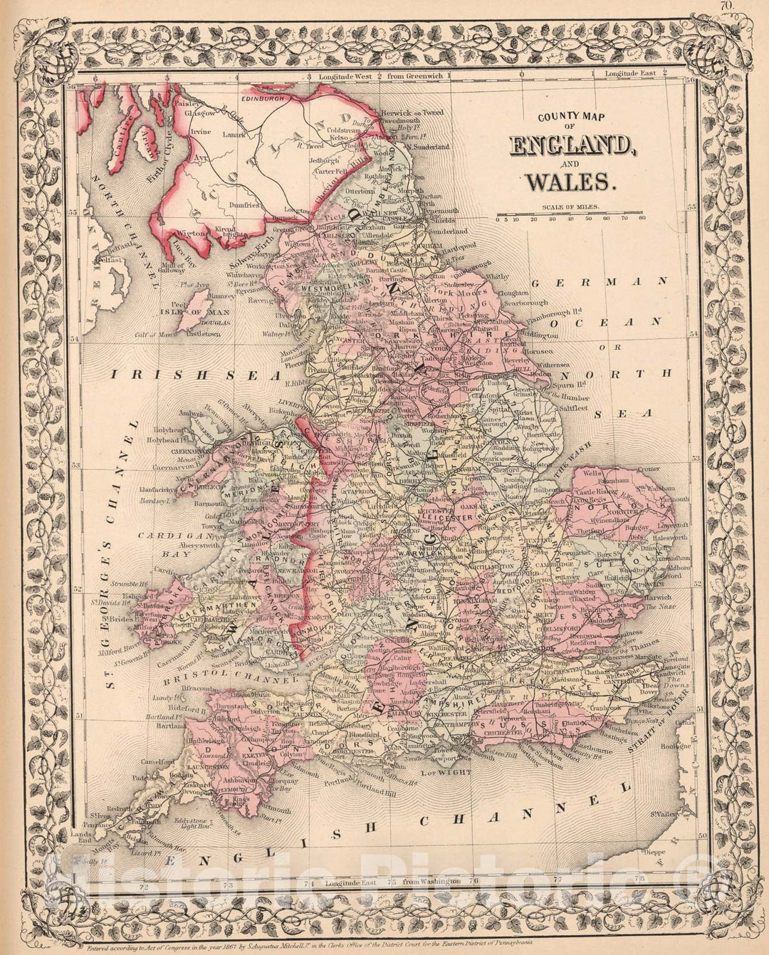 Historic Map : County map of England, and Wales, 1868, Vintage Wall Art