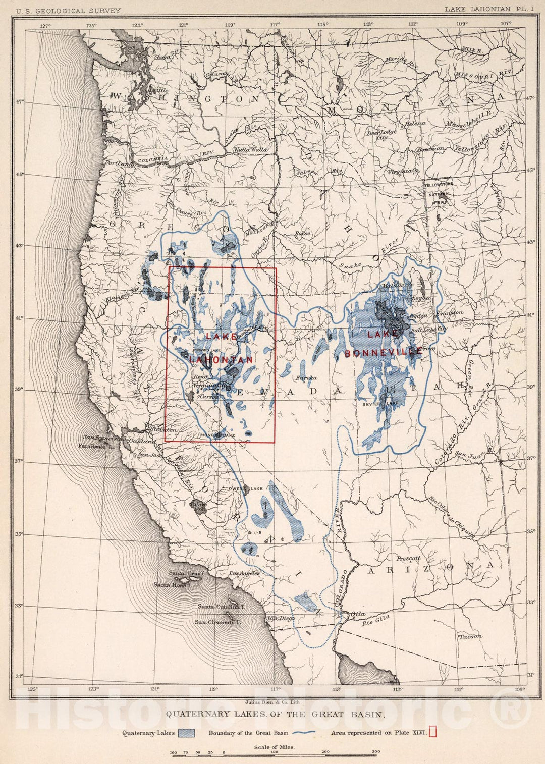 Historic Map : Plate I: Quaternary lakes of the Great Basin, 1885, Vintage Wall Art