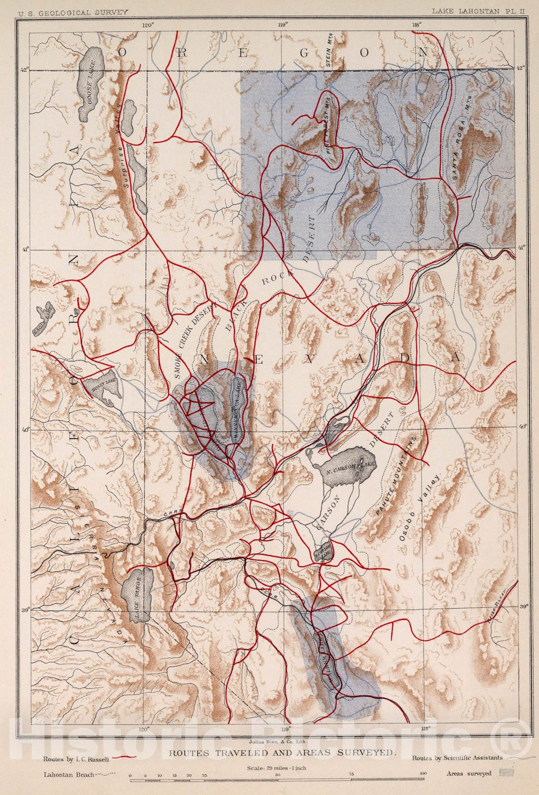 Historic Map : Plate II: Routes traveled and areas surveyed, 1885, Vintage Wall Art