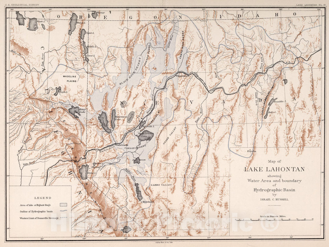 Historic Map : Plate IV: Map of Lake Lahontan, 1885, Vintage Wall Art