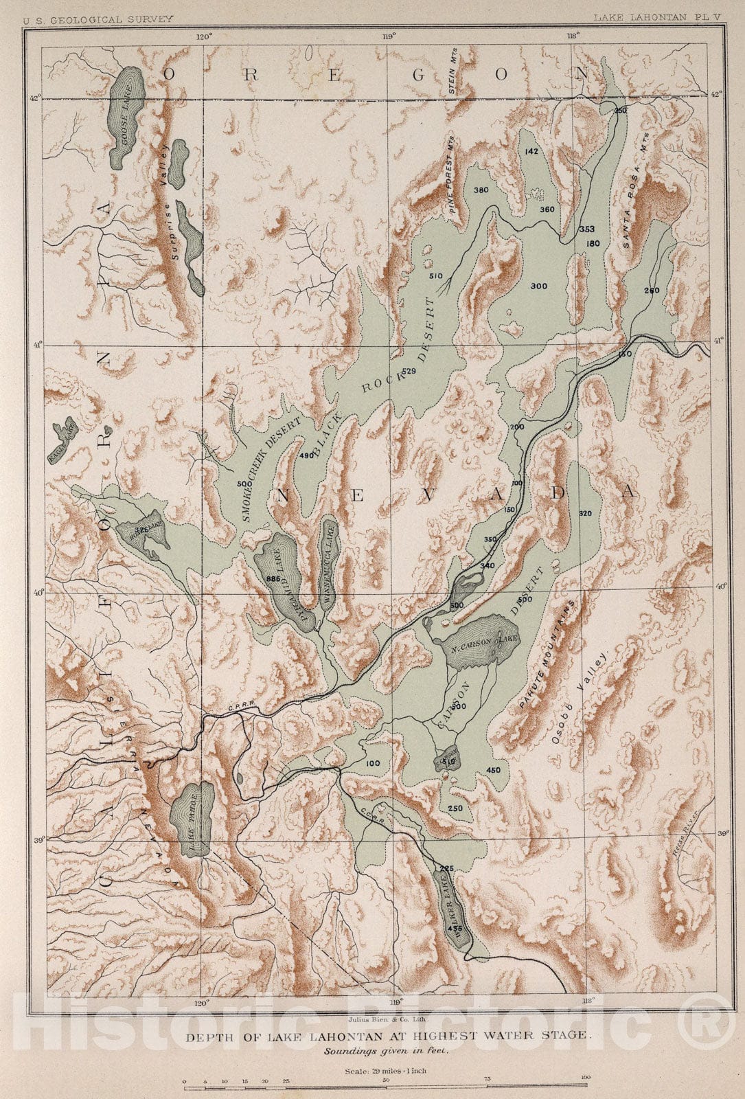 Historic Map : Plate V: Depth of Lake Lahontan at highest water stage, 1885, Vintage Wall Art