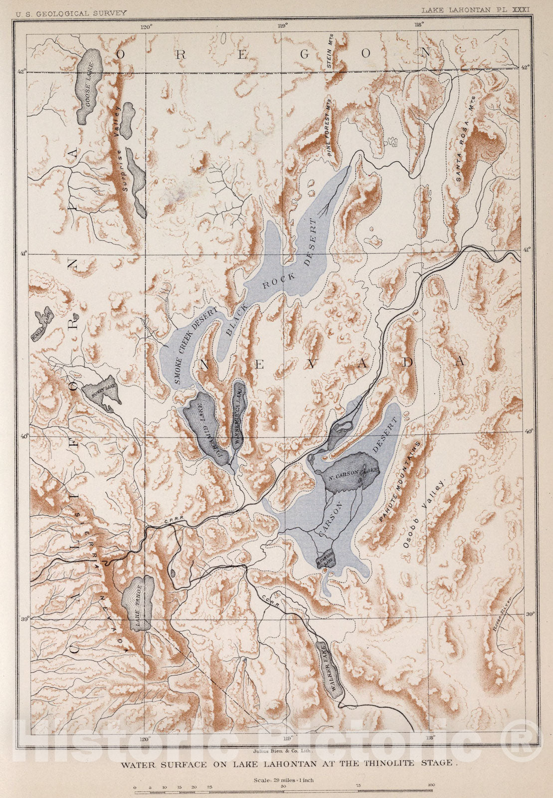 Historic Map : Plate XXXI: Water surface on Lake Lahontan at thinolite stage, 1885, Vintage Wall Art