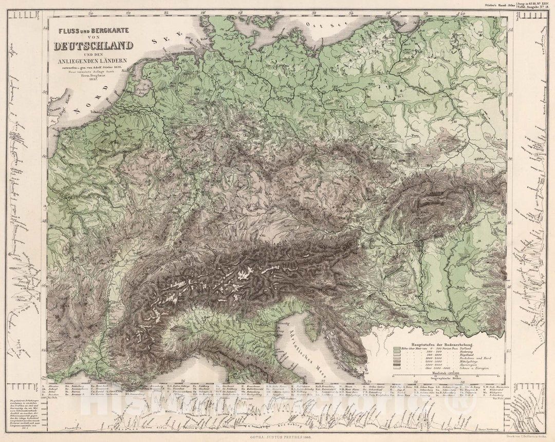 Historic Map : Fluss u. Berg-Karte von Deutschland. (River and Mountain Map of Germany, Switzerland, France, Italy, Hungary, Austria)., 1857, Vintage Wall Art