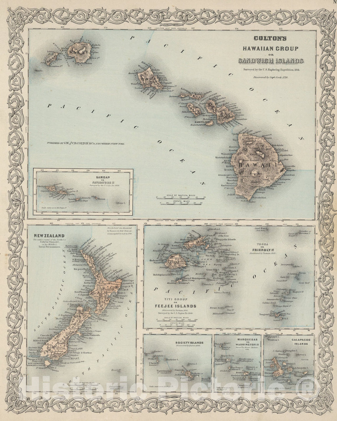 Historic Map : Hawaii, New Zealand, Fiji,Tonga, Samoa, French Polynesia, Marquesas, and Galapagos Islands, 1886, Vintage Wall Art