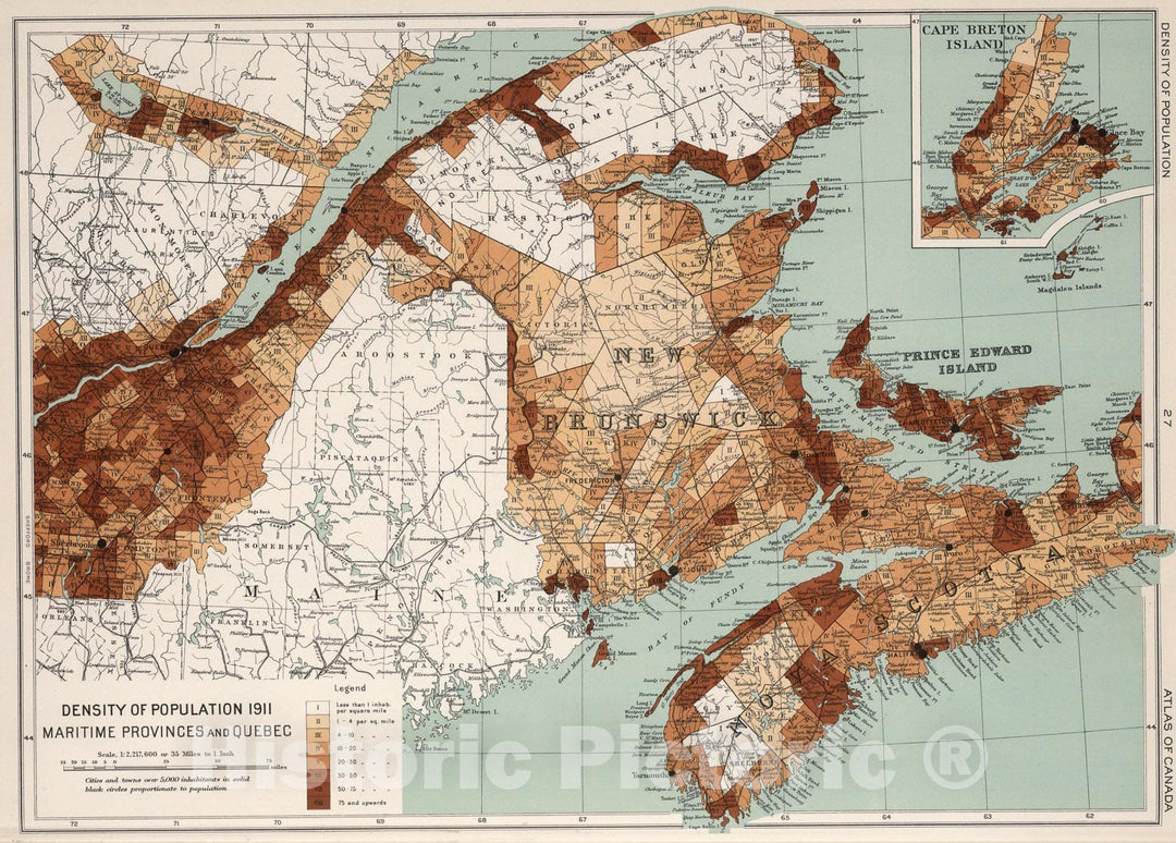 Historic Map : Density of population 1911: Maritime Provinces and Quebec, 1915, Vintage Wall Art