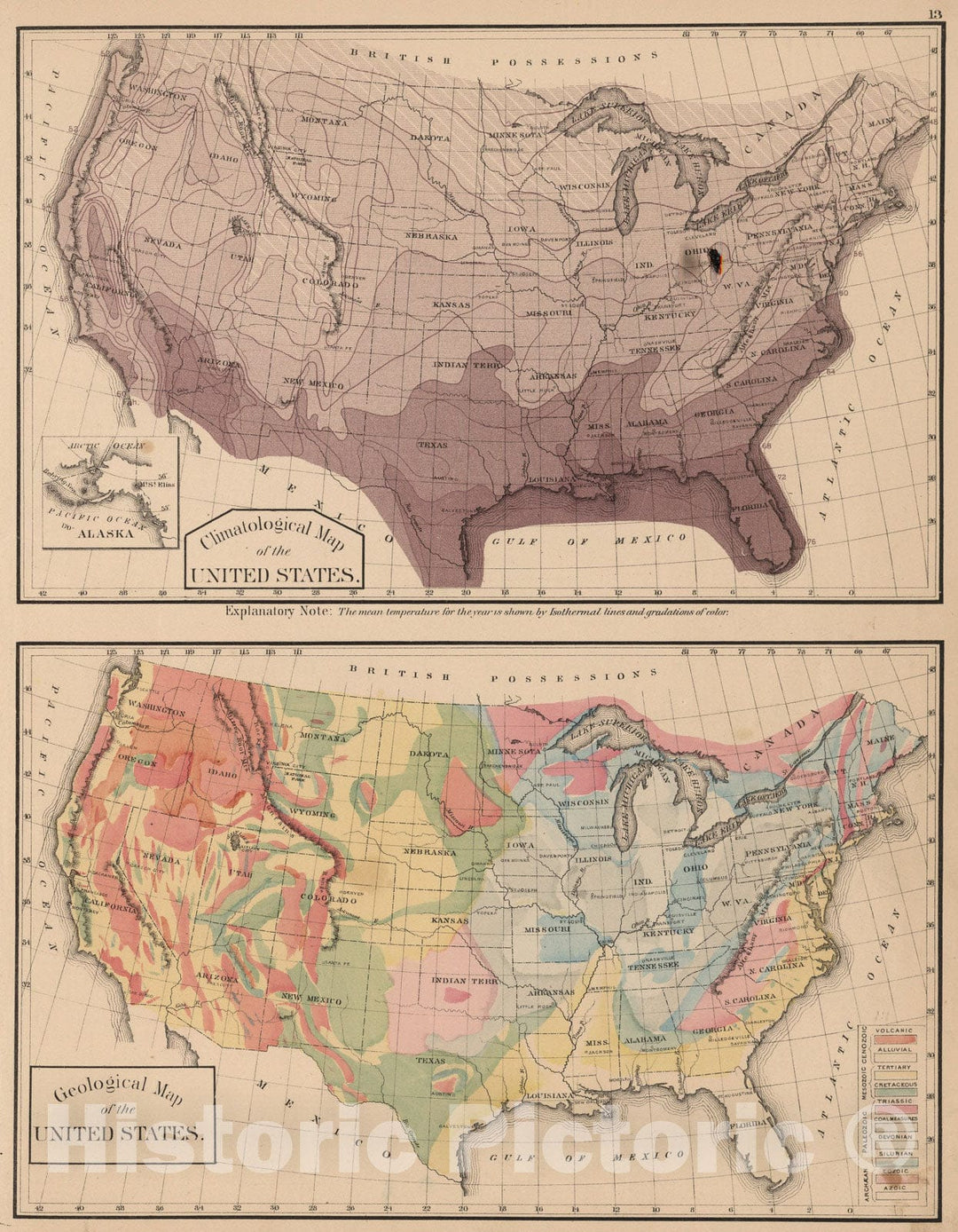 Historic Map : Climatological and Geological Maps of the United States., 1876, Vintage Wall Art