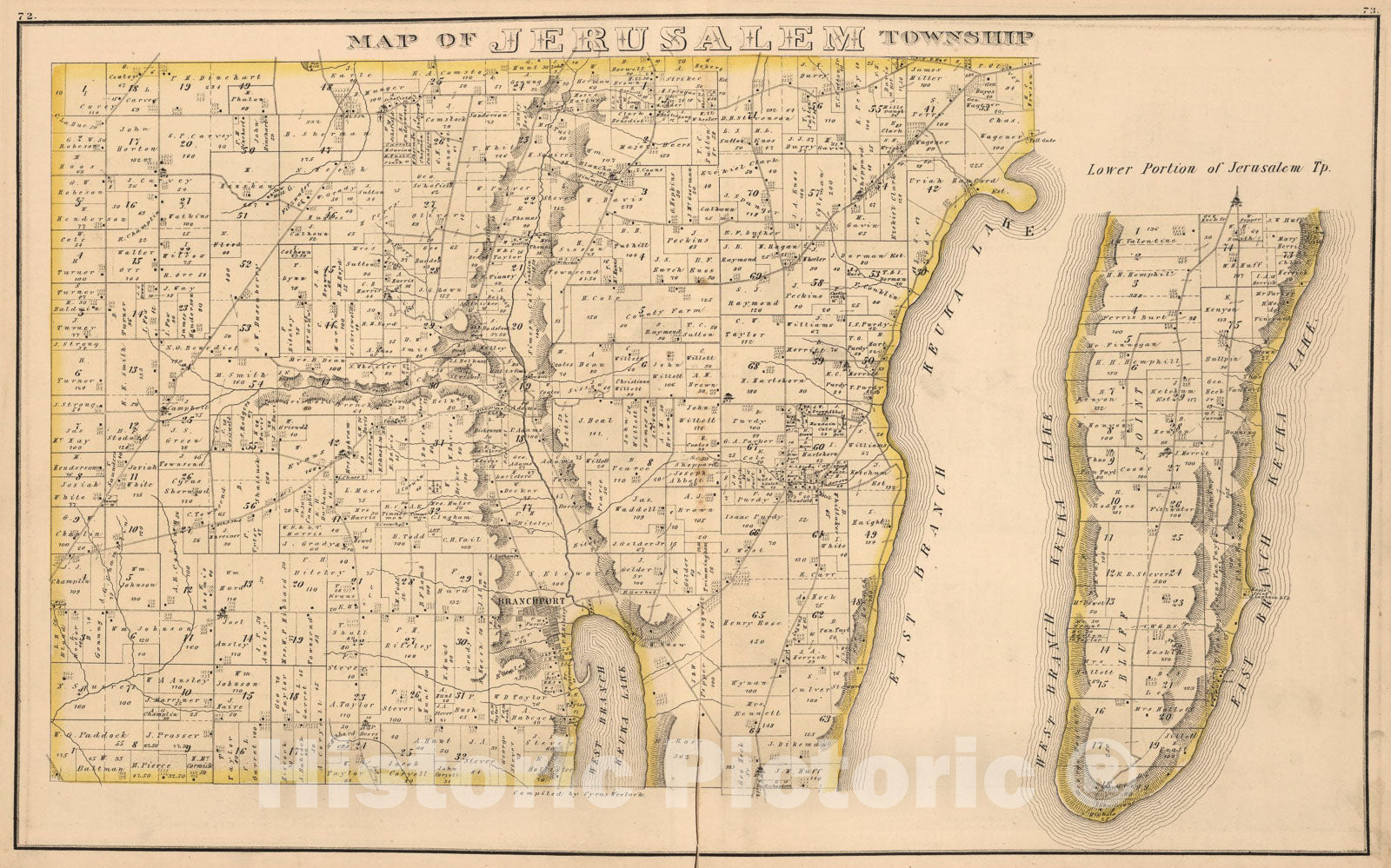 Historic Map : Jerusalem Township, Yates County, New York., 1876, Vintage Wall Art