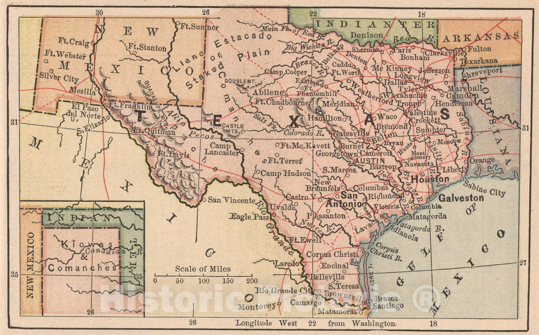 Historic Map : Texas, 1885, Vintage Wall Art