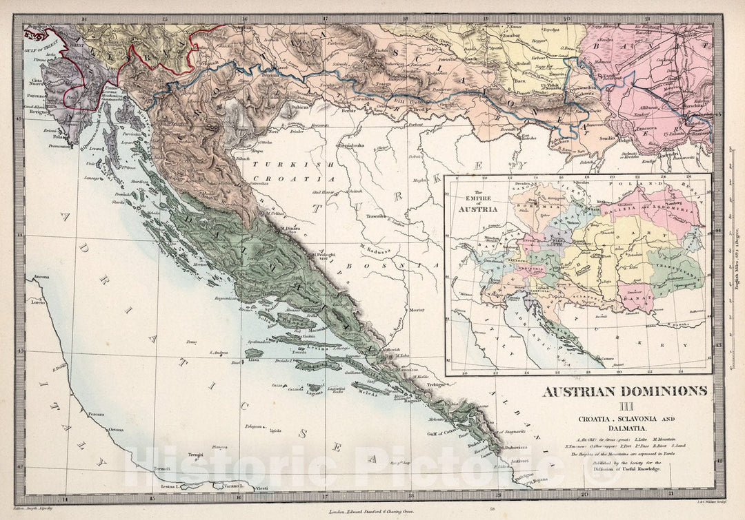 Historic Map : Austrian Dominions III. Croatia, Sclavonia, and Dalmatia. (inset) The Empire of Austria., 1865, Vintage Wall Art