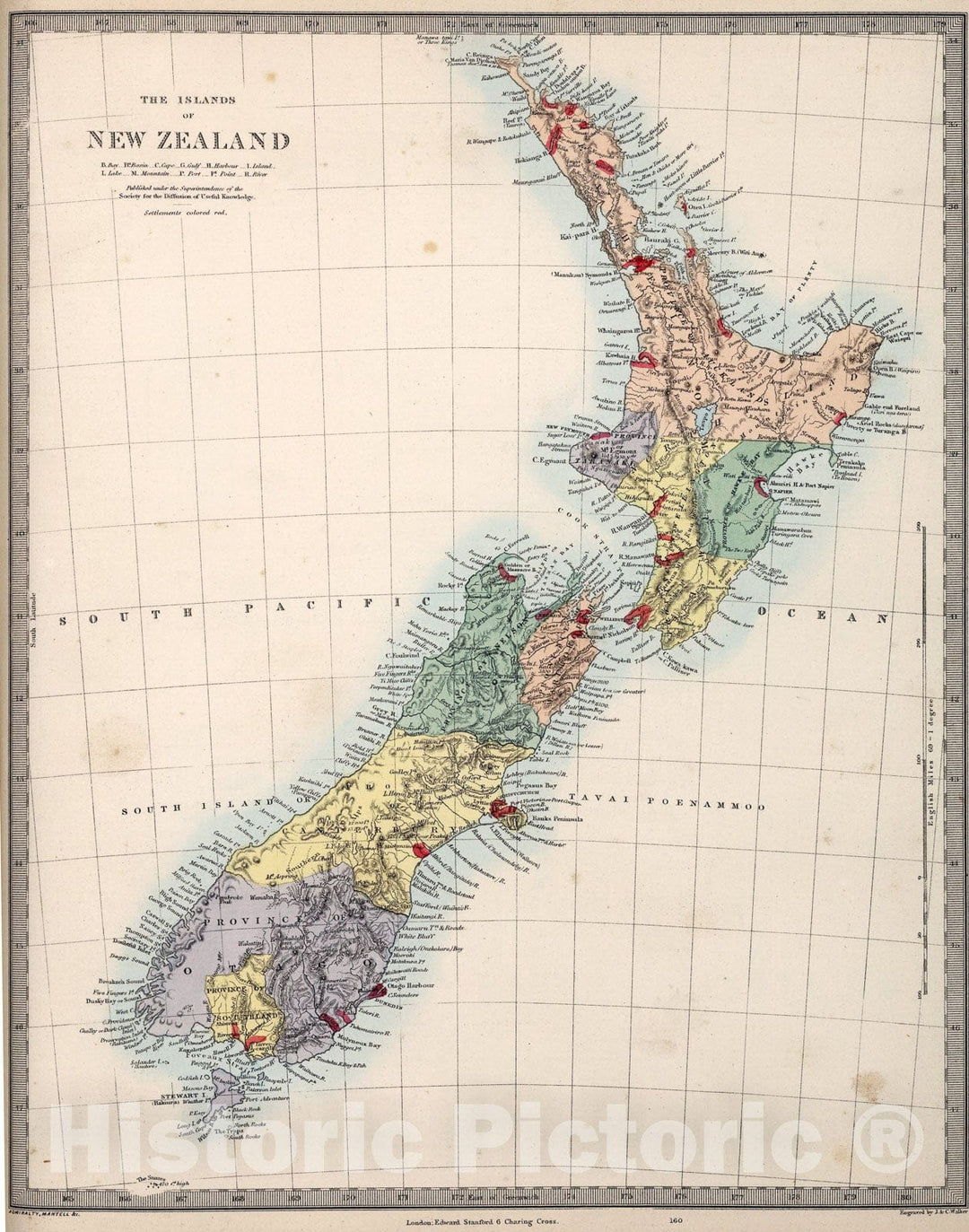 Historic Map : New Zealand., 1865, Vintage Wall Art