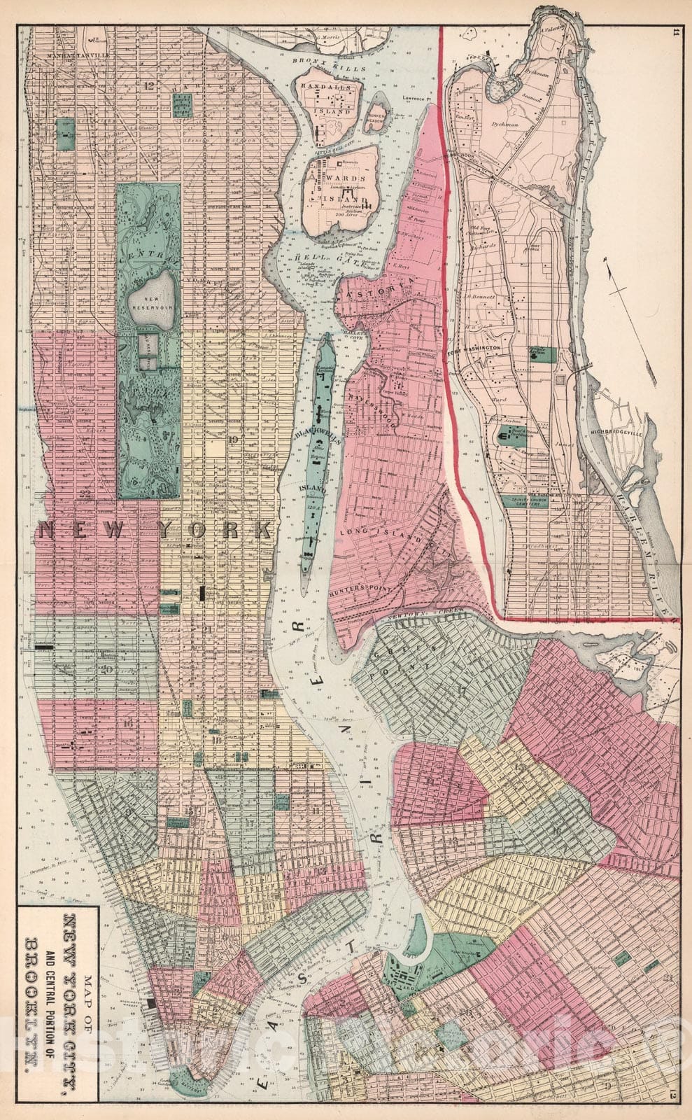 Historic Map : New York City and Central Portion of Brooklyn, New York., 1872, Vintage Wall Art