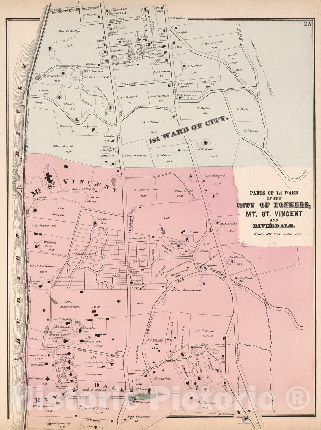 Historic Map : Parts of the 1st Ward of the City of Yonkers, Mt. St. Vincent and Riverdale, New York., 1872, Vintage Wall Art