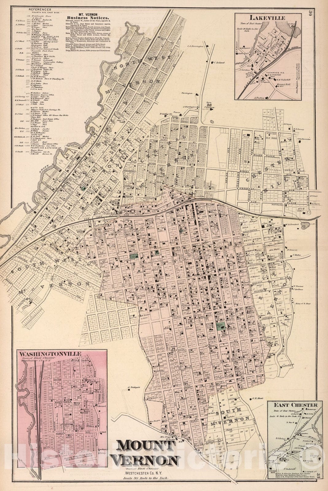 Historic Map : Mount Vernon, Town of East Chester, Westchester Co., N.Y. (insets) Washingtonville. East Chester. Lakeville., 1872, Vintage Wall Art