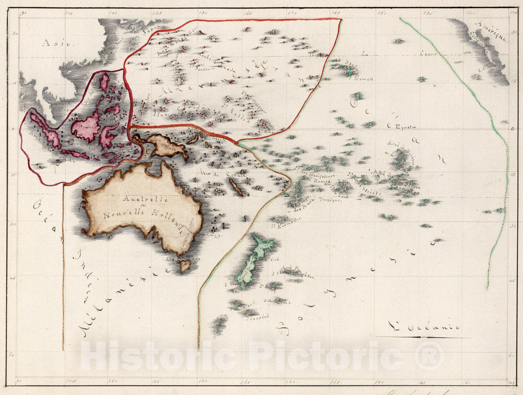 Historic Map : L'Oceanie, 1844, Vintage Wall Art