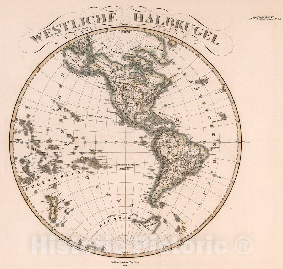 Historic Map : Westliche Halbkugel. (Western Hemisphere)., 1850, Vintage Wall Art