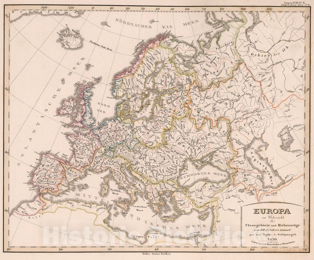 Historic Map : Europa zur Uebersicht der Flussgebiete und Hohenzuge. (Europe Watersheds)., 1850, Vintage Wall Art