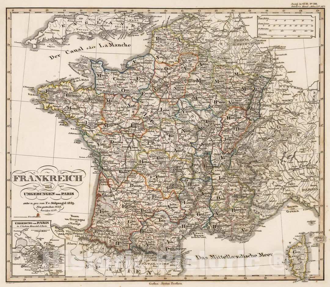 Historic Map : Frankreich und Umgebungen von Paris. (France)., 1850, Vintage Wall Art