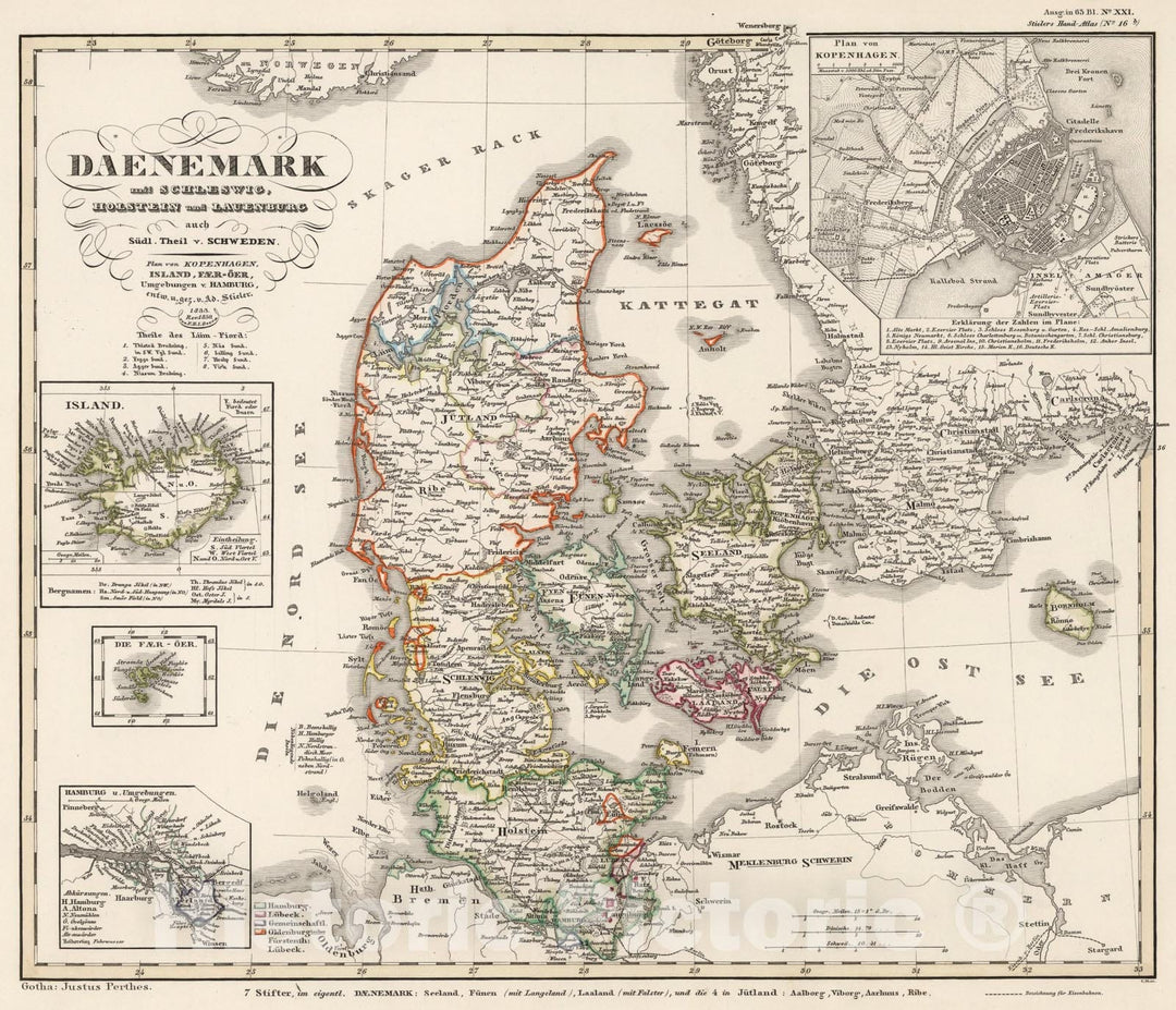 Historic Map : Danemark mit Schleswig, Holstein, und Laeenburg. (Sweden, Norway, Denmark, Faroe Island)., 1850, Vintage Wall Art