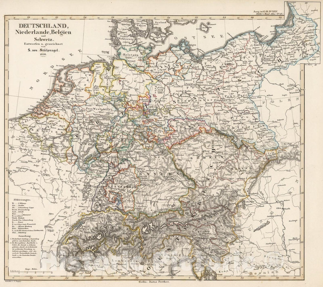 Historic Map : Deutschland (Germany, Netherlands, Belgium, and Switzerland)., 1850, Vintage Wall Art