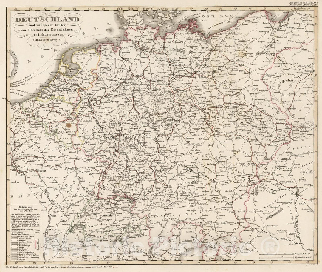 Historic Map : (Germany, Netherlands, Belgium, and Switzerland - Railroad and Road Distances)., 1850, Vintage Wall Art