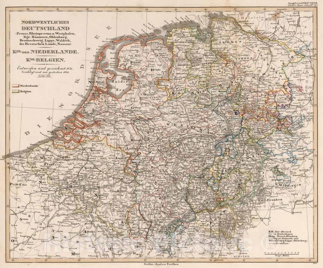 Historic Map : Germany. Netherlands. Belgium., 1850, Vintage Wall Art