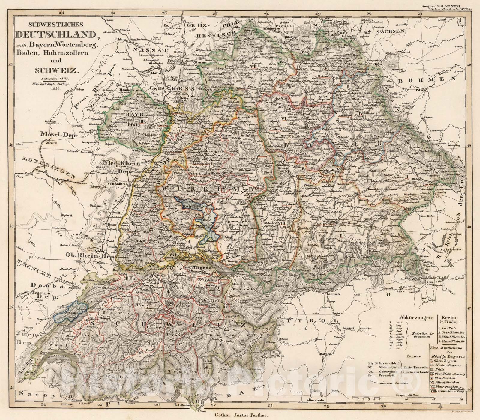 Historic Map : Sudwestliches Deutschland ... Schweiz. (Southwest Germany. Switzerland.), 1850, Vintage Wall Art