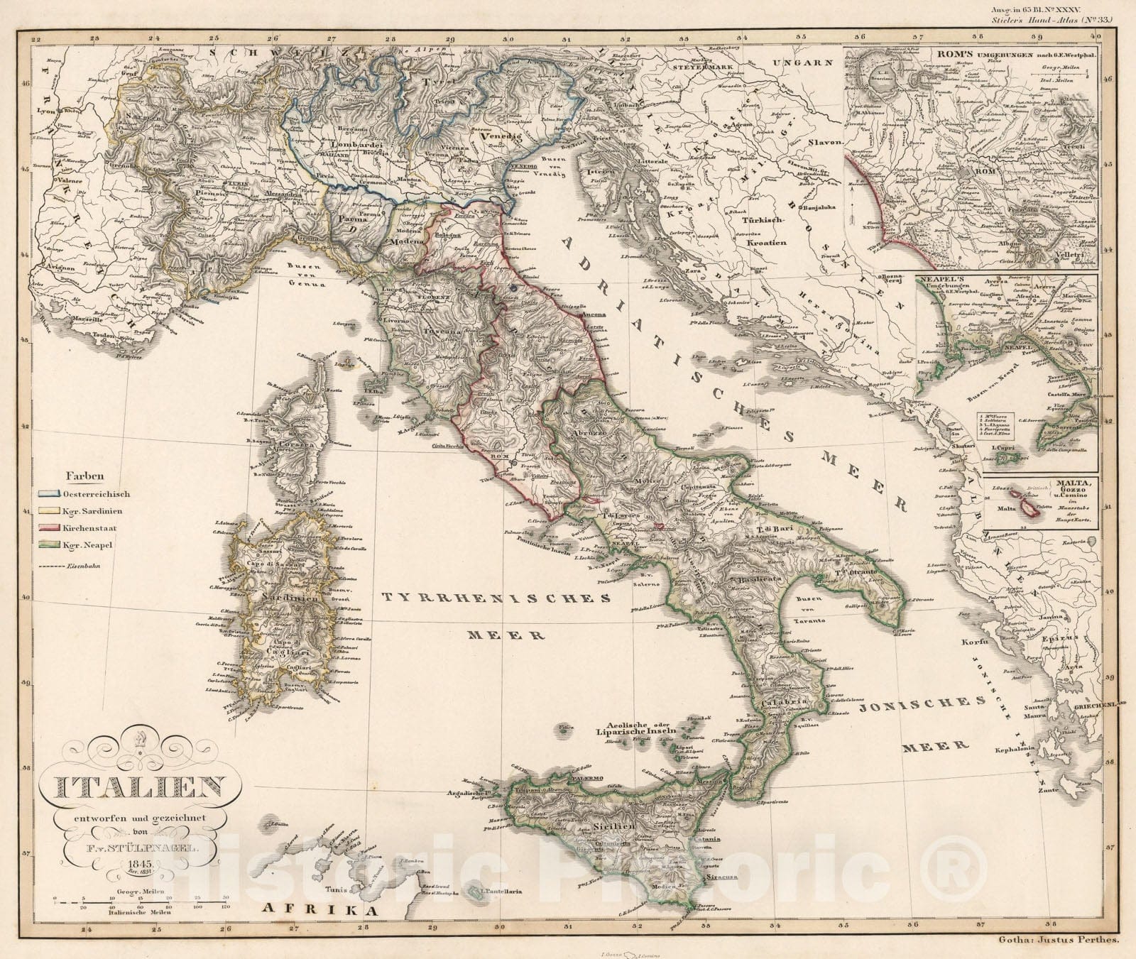 Historic Map : Italien. (Italy)., 1851, Vintage Wall Art