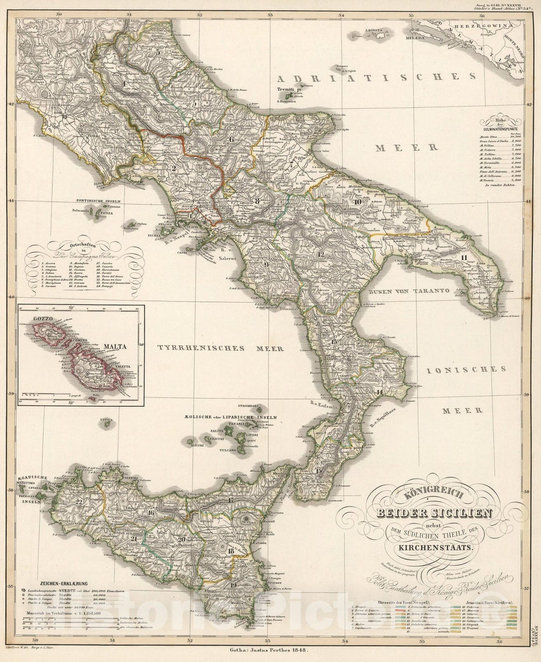 Historic Map : Konigreich Beider Sicilien .... (Northern Italy. Malta)., 1848, Vintage Wall Art