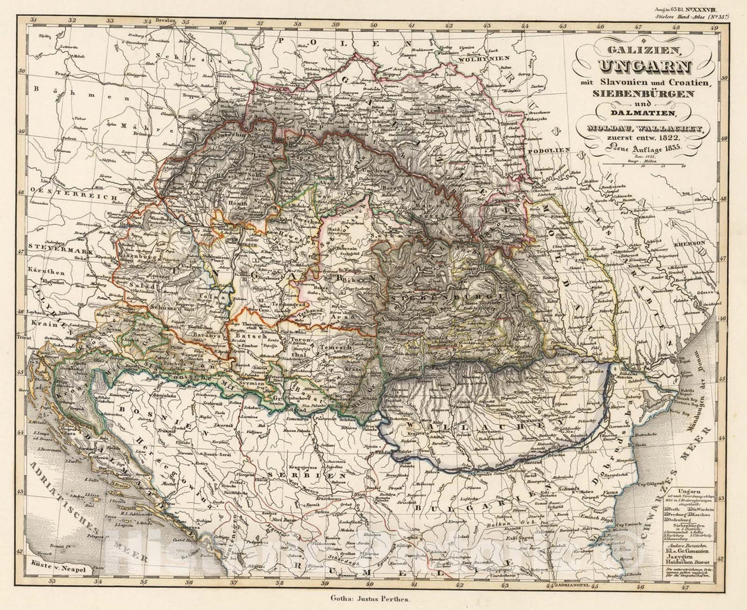 Historic Map : Galizien, Ungarn mit Slavonien und Croatien .... (Hungary, Romania, Bulgaria, Croatia)., 1851, Vintage Wall Art