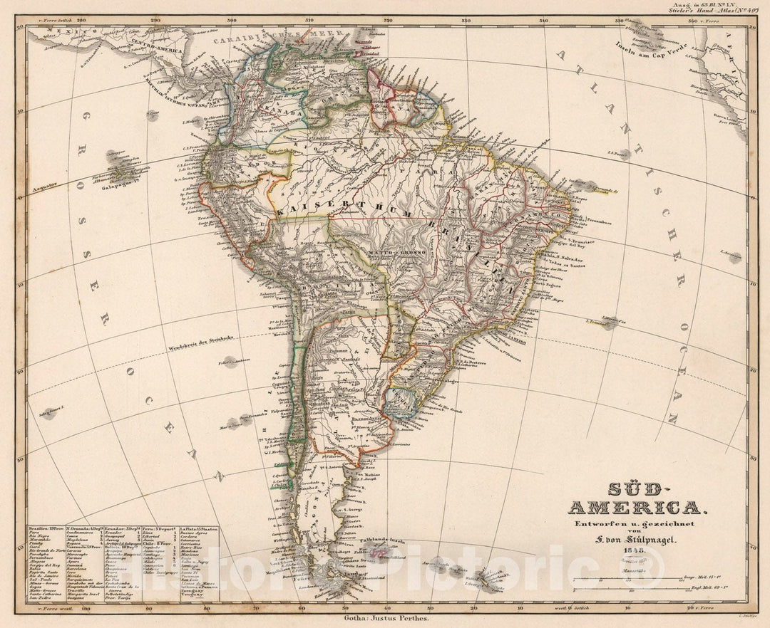 Historic Map : Sud-Amerika. (South America)., 1851, Vintage Wall Art