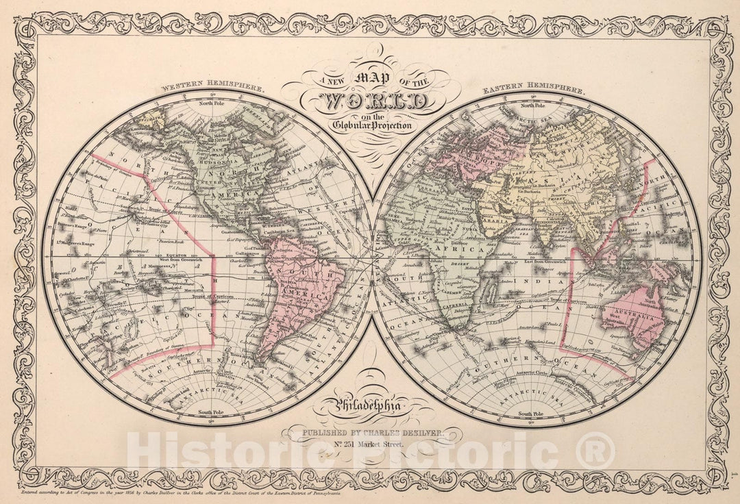 Historic Map : A new map of the World on the Globular Projection, 1857, Vintage Wall Art