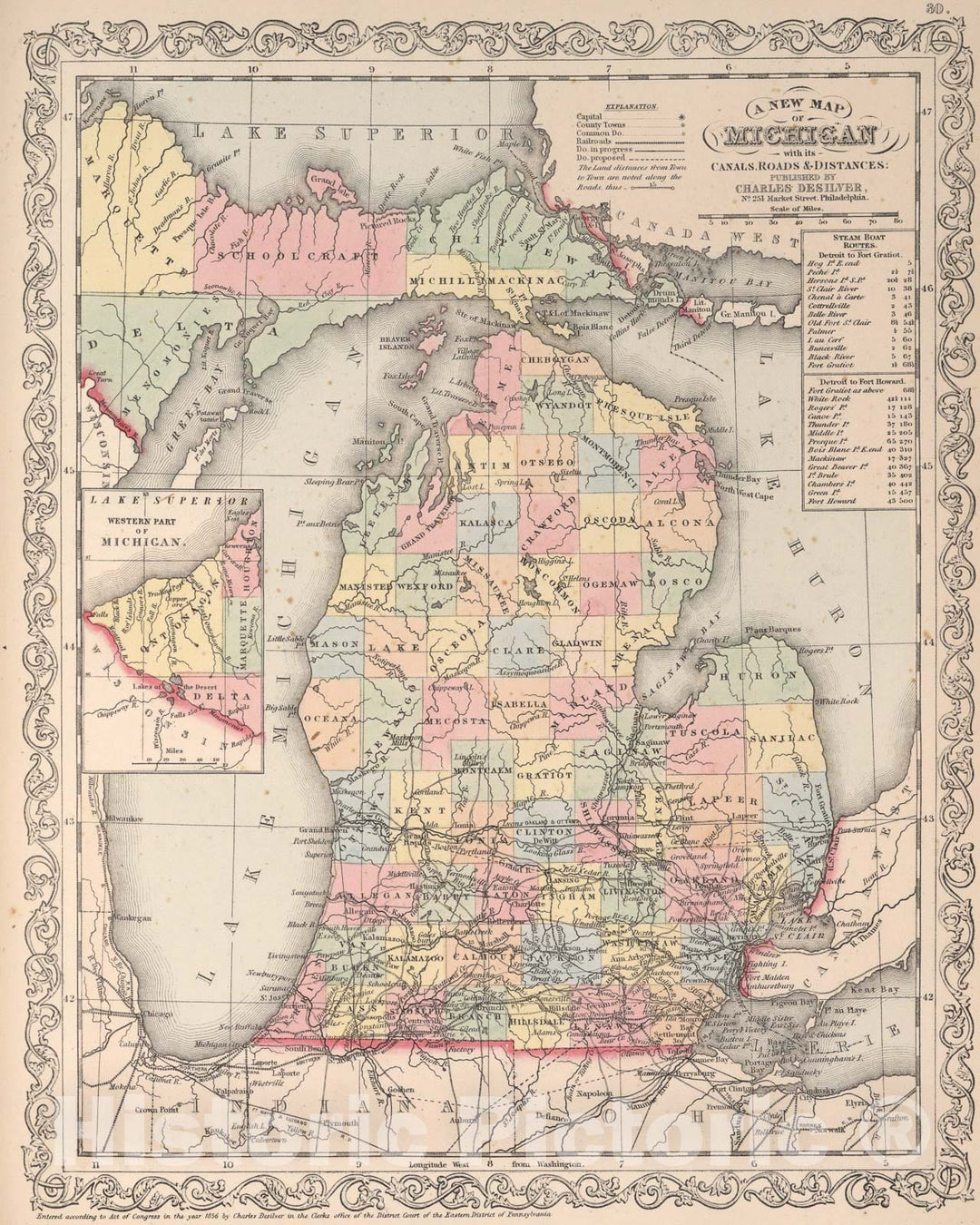 Historic Map : A New Map of Michigan, 1857, Vintage Wall Art