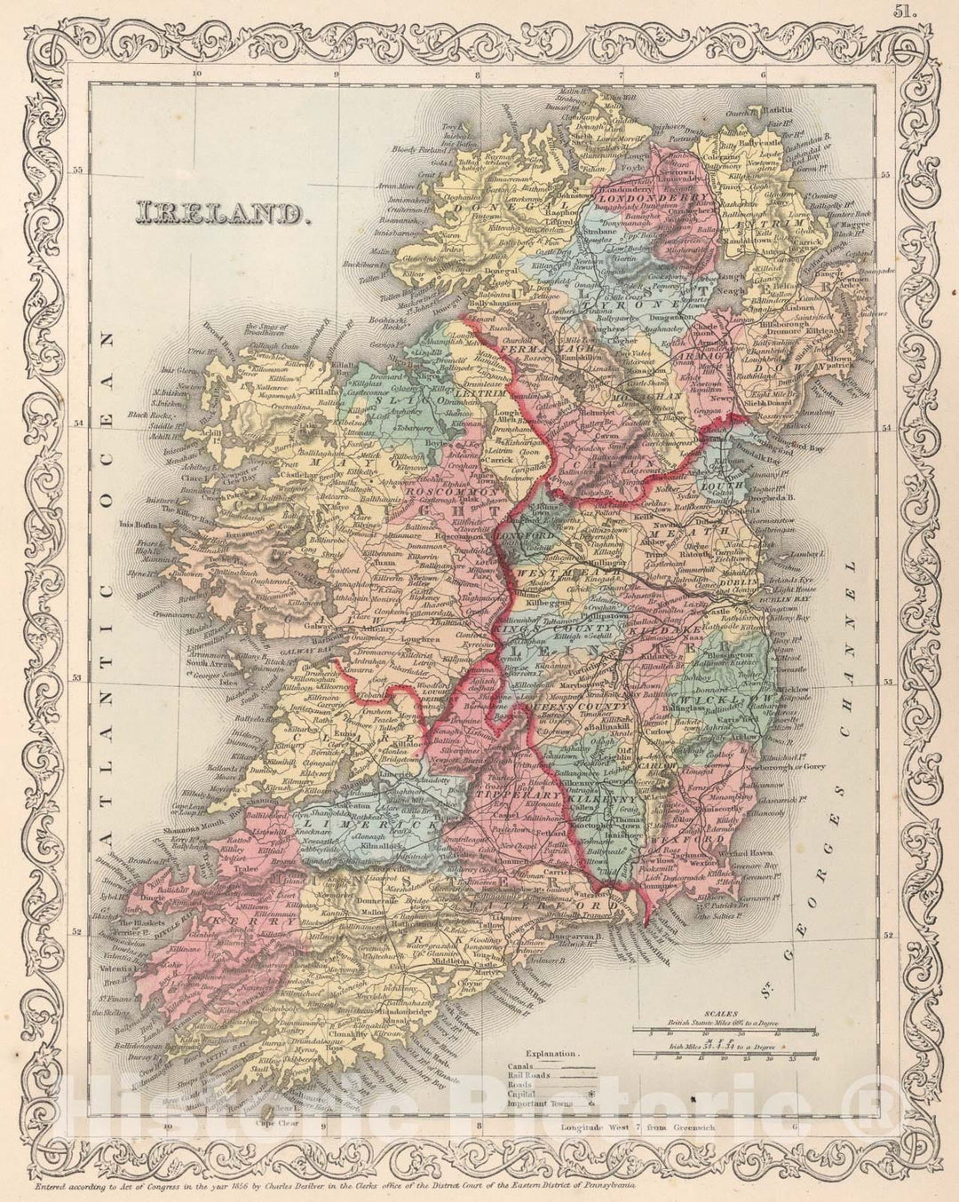 Historic Map : Ireland, 1857, Vintage Wall Art