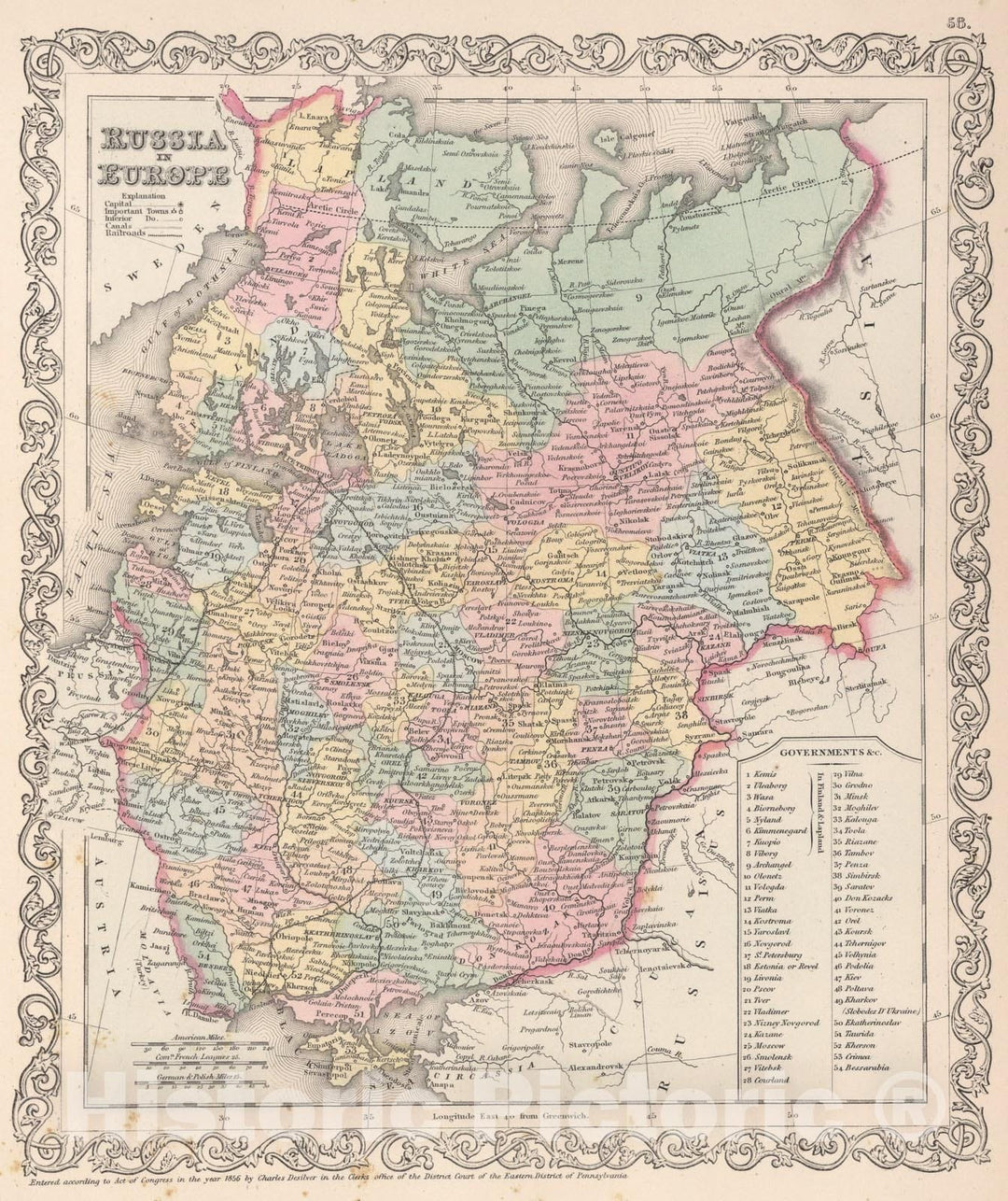 Historic Map : Russia in Europe, 1857, Vintage Wall Art