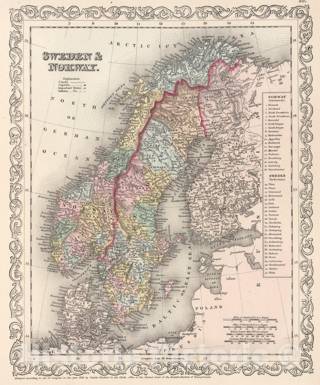 Historic Map : Sweden and Norway, 1857, Vintage Wall Art