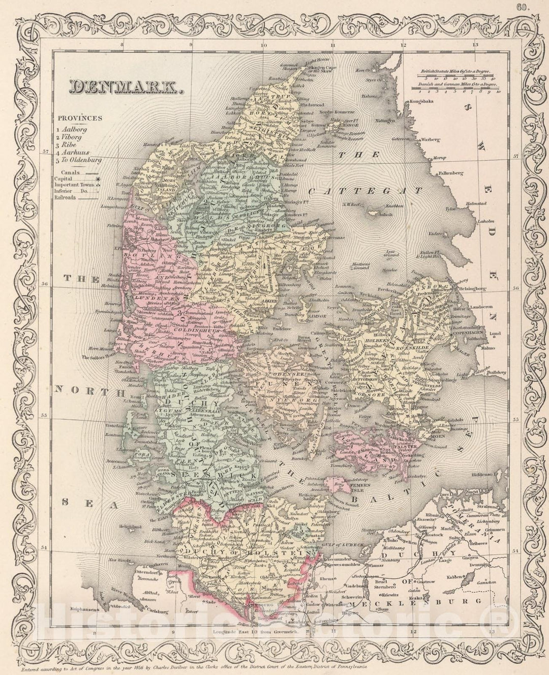 Historic Map : Denmark, 1857, Vintage Wall Art