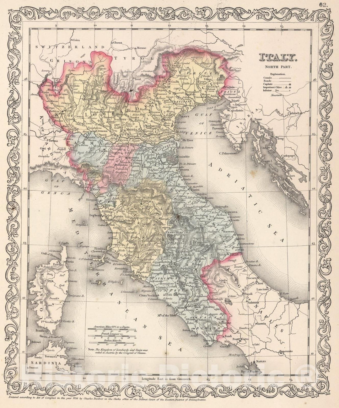 Historic Map : Italy, North Part, 1857, Vintage Wall Art